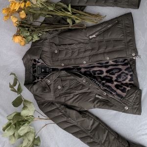 Guess Jacket Army Green Leopard Print Inner Lining Women's X Small